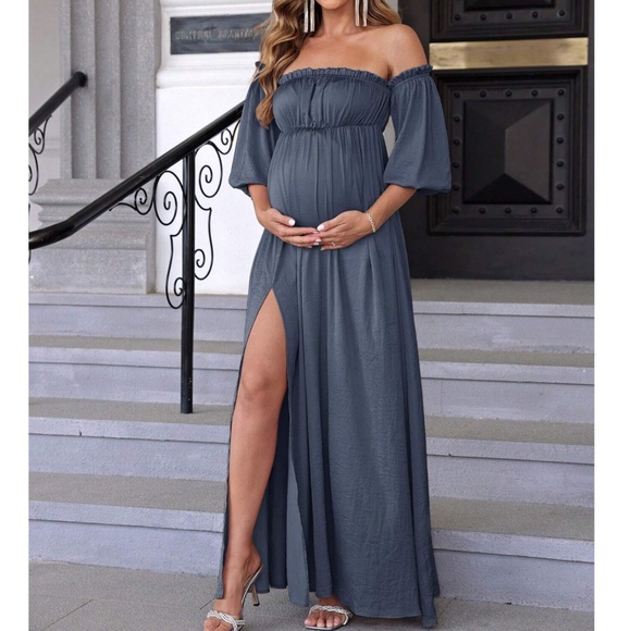 Maternity Off Shoulder 3/4 Sleeve Split Leg Party Occasion Maxi Dress - Picture 11 of 11